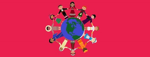  A red banner with an illustrated globe slightly off centre, surrounded by little illustrations of people from diverse multicultural backgrounds all holding hands and forming a circle around the globe.