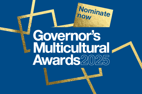Governor's Multicultural Awards 2025 logo with text 'nominate now'