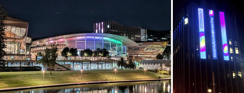 Adelaide buildings lit up in different colours.