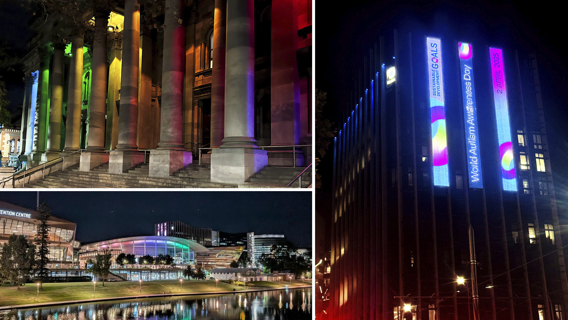 Adelaide buildings lit up in different colours.